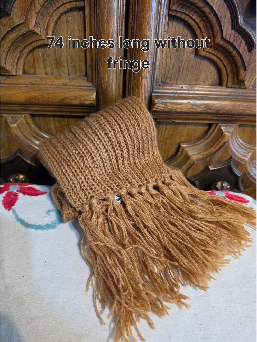 Vintage English Village Fringed Scarf – Camel/Tan Acrylic, Made in Japan